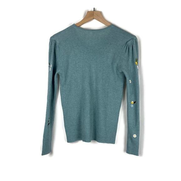 Retro V-Neck Floral Embroidered Ribbed Knit Sweater Pearl Detail Green Est S/M - Picture 2 of 6